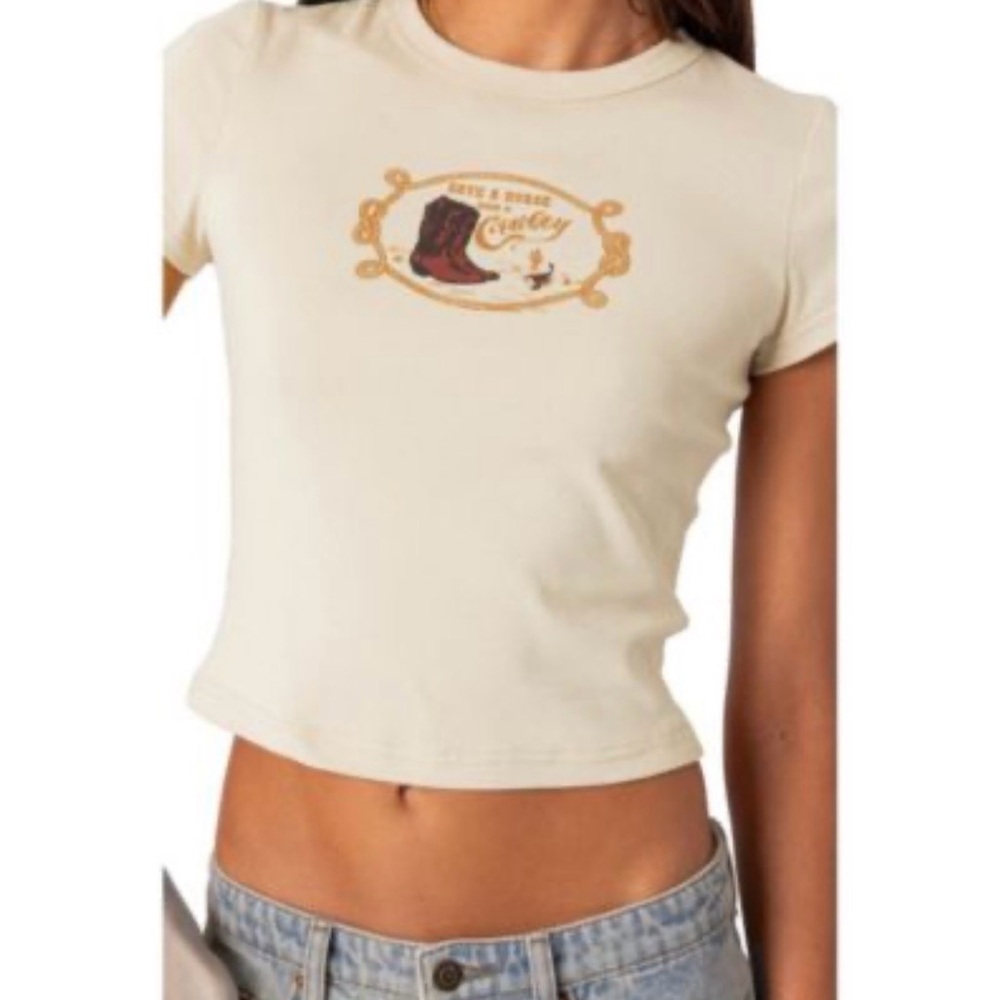 Edikted Women’s Beige Save‎ A Horse Graphic Crewneck Cropped T~Shirt Sz S
